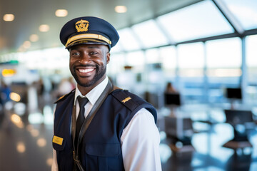 Portrait of a handsom young pilot in his outfit, in the middle of an airport - obrazy, fototapety, plakaty