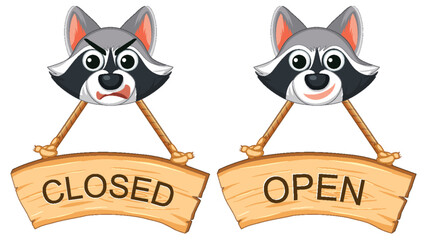 Closed and Open Sign Banner with Raccoon Face