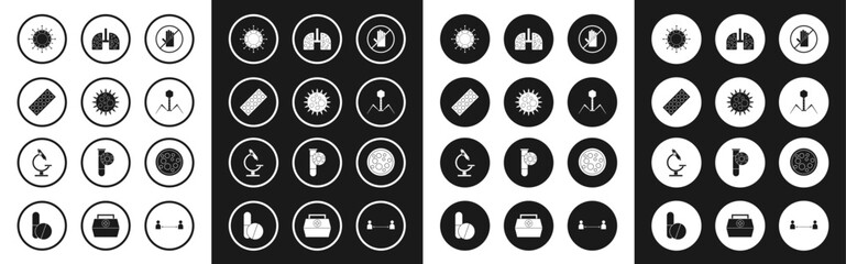 Set No handshake, Virus, Pills in blister pack, Bacteria bacteriophage, cells lung, and Microscope icon. Vector