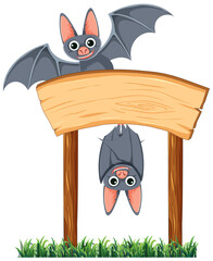 Bats Flying, Standing, and Hanging Around Wooden Sign Board