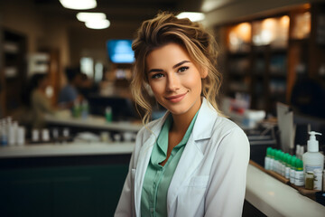 portrait of pharmacist in pharmacy, pharmacist behind the counter in a drug store looking at camera