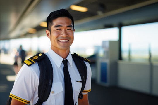 Portrait of a handsom young pilot in his outfit, in the middle of an airport