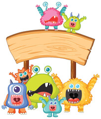 Cute Aliens Monster Standing Under Wooden Board Banner