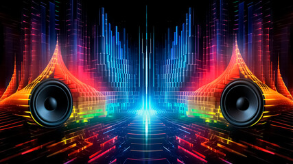 Illustration of loudspeakers in abstract background with sound wave design. Music concept. - obrazy, fototapety, plakaty