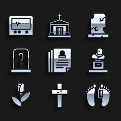 Set Death certificate, Christian cross, Dead body, Grave with tombstone, Flower rose, Old grave and Beat dead in monitor icon. Vector