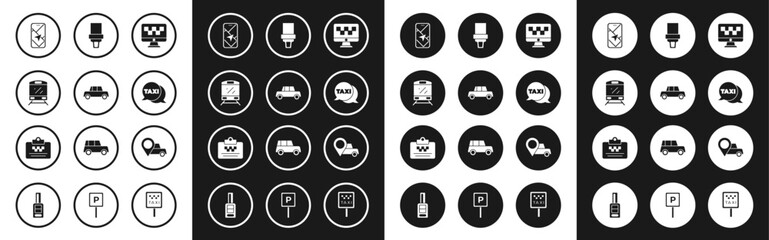 Set Computer call taxi service, Car, Train, City map navigation, Taxi telephone, Safety belt, Location with and driver license icon. Vector