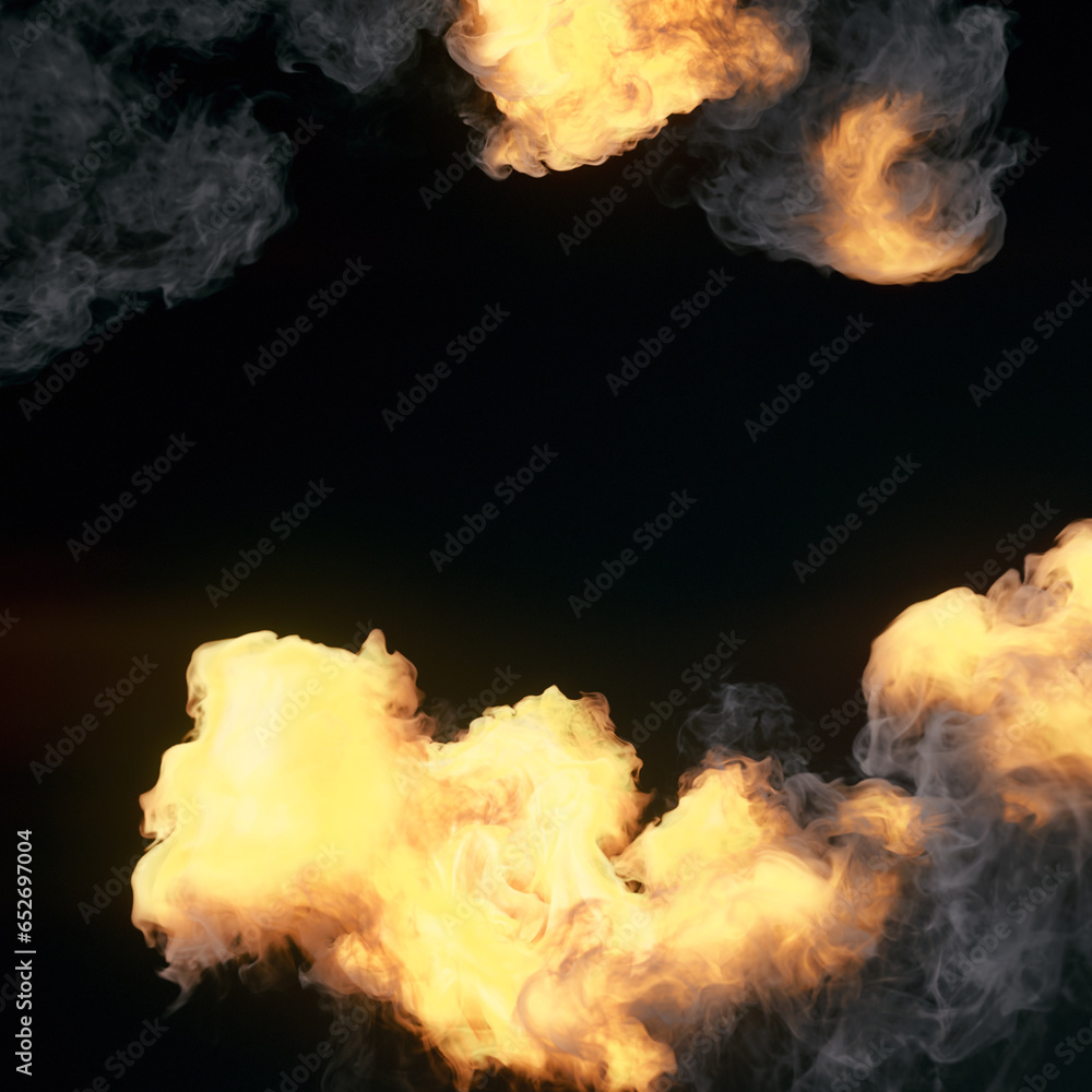 Poster composition with fire explosion and smoke trails on dark background. 3d rendering digital illustrati
