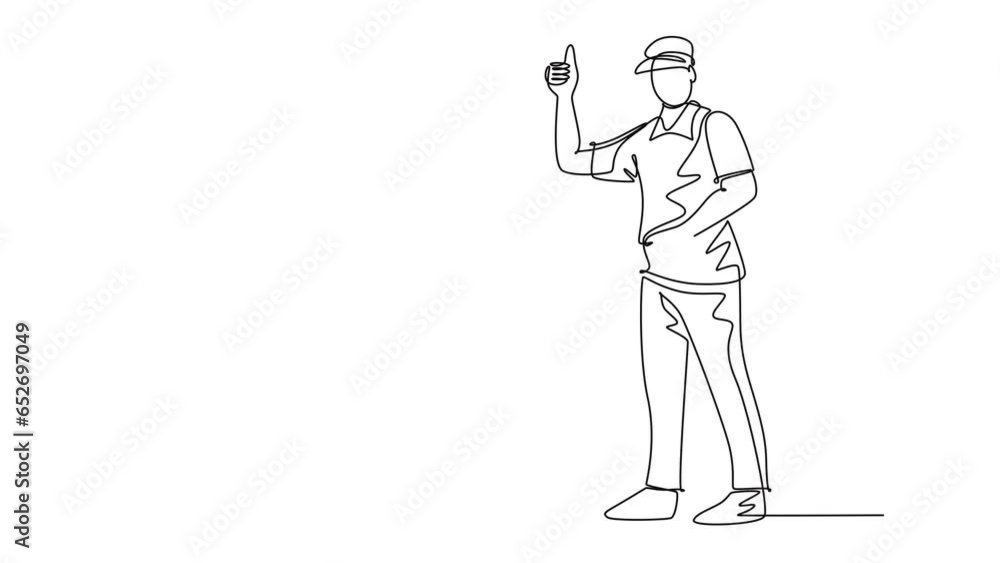 Poster animated self drawing of continuous line draw young delivery man gives thumbs up gesture while carry