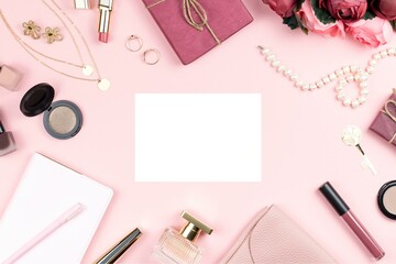 Woman Fashion Accessories, Flowers, Cosmetics and Jewelry on Pink Background