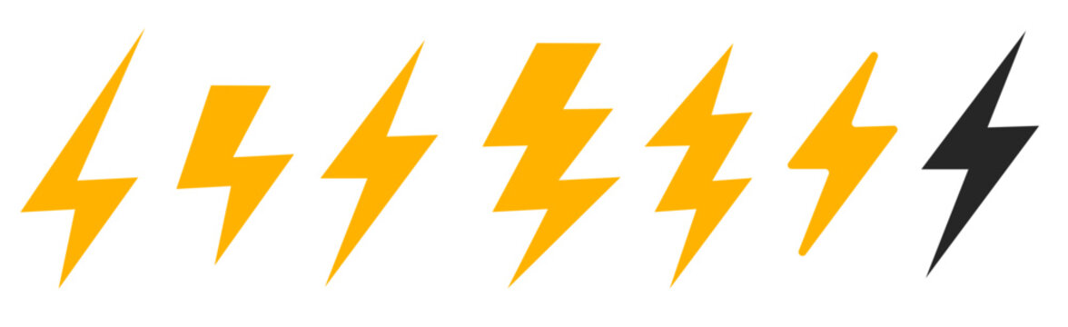 Lightning thunder bolt icon vector simple graphic silhouette yellow black image clipart set, thunderbolt volt electric energy power logo shape illustration, storm thunderstorm strike web glyph symbol
