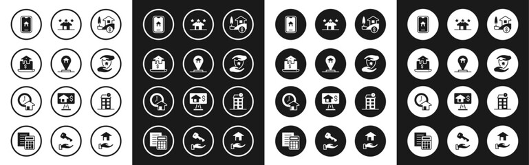 Set House with dollar, Location house, Online real estate, shield, Real, and Time is money icon. Vector