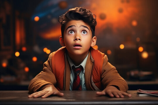 Indian little boy child shocked at classroom.