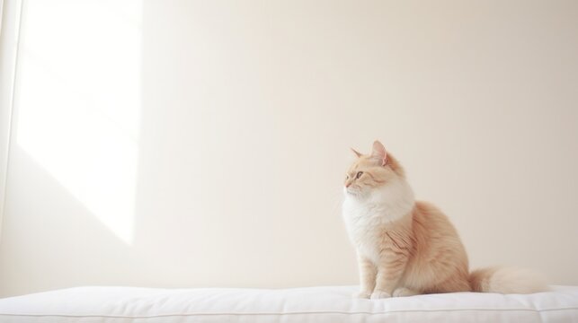 Low angle view of cat looking away while sitting on bed against white wall with copy space.