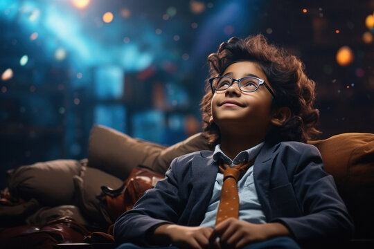 Indian little boy looking up side. Happy childhood, education, emotions, facial expression concept.