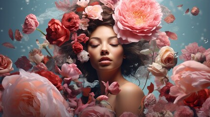Fondo conceptual de una mujer en fondo abstracto rodeada de flores. Concepto de color y moda. Generado por IA. - obrazy, fototapety, plakaty