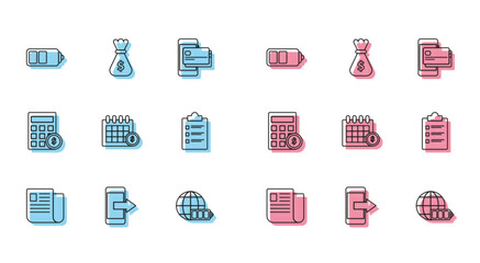 Set line File document, Smartphone, mobile phone, Battery charge level indicator, with earth globe, Financial calendar, Clipboard checklist, Calculator dollar symbol and Money bag icon. Vector