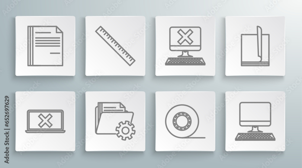 Canvas Prints Set line Laptop and cross mark on screen, Ruler, Folder settings with gears, Scotch, Computer monitor keyboard, x, File document and icon. Vector