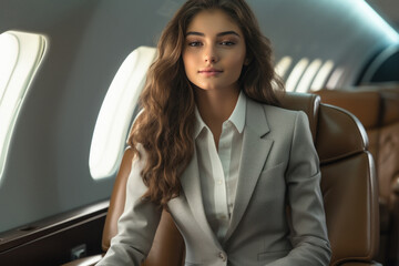 Young businesswoman sitting in airplane.