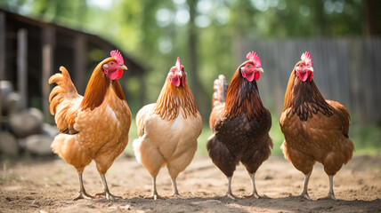 Hens on a traditional free range poultry organic farm grazing on the grass.
