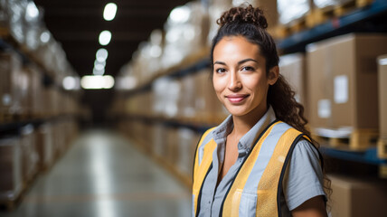 Happy smiling Latin American standing between racks in warehouse wearing safety jacket looking at camera.

 - obrazy, fototapety, plakaty