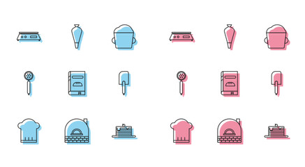 Set line Chef hat, Brick stove, Electronic scales, Stack of pancakes, Cookbook, Spatula, Strainer spoon and Pastry bag for decorate icon. Vector