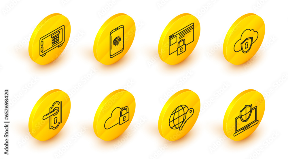 Poster set line laptop protected with shield, globe key, cloud computing lock, door handle, secure your sit