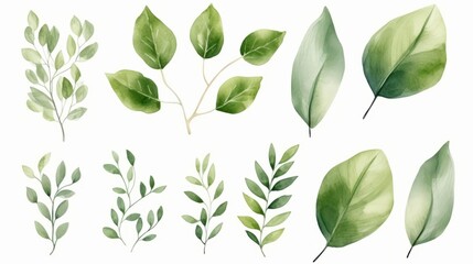 Hand painted foliage pattern, seamless floral print with green leaves, watercolor illustration Collection isolated white background suitable for Wedding Invitation, wallpapers, textile or cover