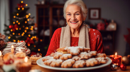 Senior Woman Holding a Plate Laden with Traditional Seasonal Christmas Biscuits and Sweets, Spreading the Warmth of Festive Cookies