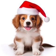 A cute puppy wearing a Santa hat on a white background.