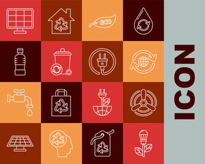 Set line Light bulb with leaf, Wind turbine, Planet earth and recycling, Leaf Eco symbol, Recycle recycle, Bottle of water, Solar energy panel and Electric plug icon. Vector