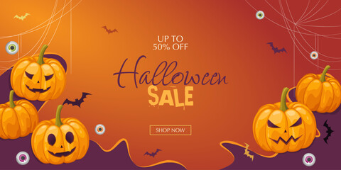 Halloween sale with scary pumpkins, bats and creepy eyeballs
