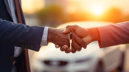 Buyer and salesman giving handshake with keys after car sale