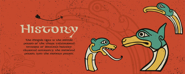 Medieval banner template with pattern of Lindisfarne calligraphy and beasts.