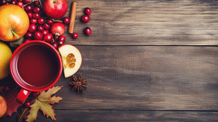 Hot mulled wine with apples on wooden table background