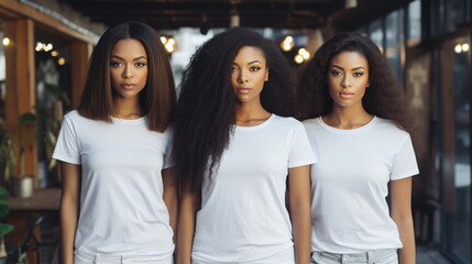 Group of young african american black woman wearing white t-shirts standing together, blank apparel with no print , photo for mock-up of diversity and group of friends,. generative ai - obrazy, fototapety, plakaty