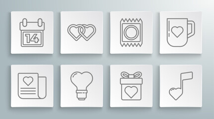 Set line Envelope with Valentine heart, Two Linked Hearts, shape light bulb, Gift box, Music note, tone hearts, Condom package, Coffee cup and and Calendar February 14 icon. Vector