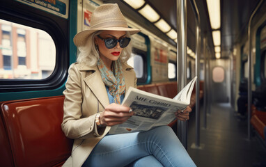 A fashionable 40 year old woman on subway sitting and reading a newspaper. Generative AI