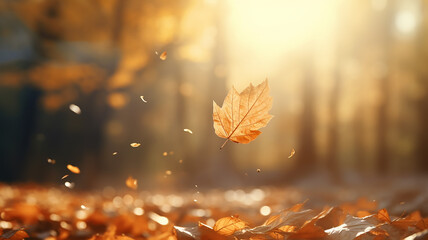 leaf fall in the autumn park in the sunlight, dry yellow leaves fly in the landscape of warm October - Powered by Adobe