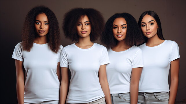 Group of young african american black woman wearing white t-shirts standing together, blank apparel with no print , photo for mock-up of diversity and group of friends,. generative ai
