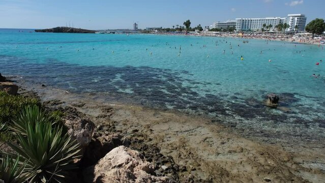 Emerald transparent sea at Nissi beach in Ayia Napa on the island of Cyprus
