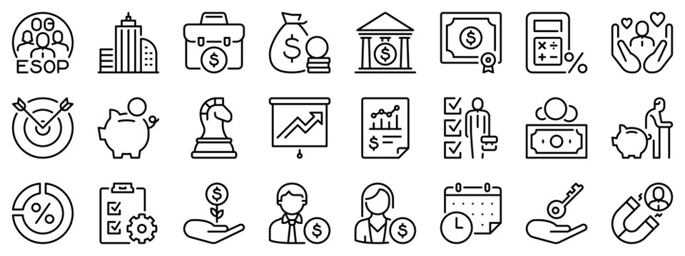 Line icons about ESOP,  employee stock ownership plan. Line icon on transparent background with editable stroke.