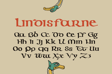Lindisfarne alphabet in majuscule Celtic, Anglo-Saxon, Irish style with red dots pattern. Dim colored medieval initial.