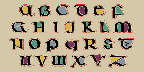 Lindisfarne alphabet in majuscule Celtic, Anglo-Saxon, Irish style with red dots pattern. Dim colored medieval initial. - obrazy, fototapety, plakaty