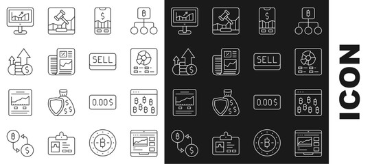 Set line Trading courses, Bitcoin browser, Pie chart infographic, Mobile stock trading, Business finance report, Financial growth and, Computer with and Sell button icon. Vector