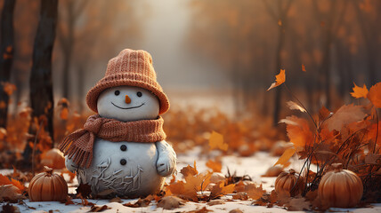 greeting card for halloween with a snowman copy  space in the autumn park cold halloween autumn november - obrazy, fototapety, plakaty