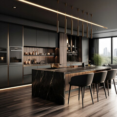 modern kitchen with table island- with black marble theme, with chandelier lights, 4 black chairs...