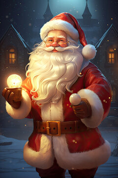 Smiling Santa Claus with gift box character portrait. Vertical digital illustration, art for Christmas greeting card