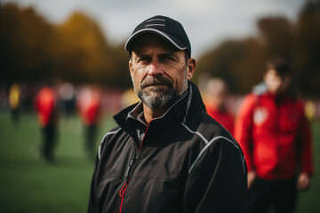 Portrait of a football coach on a sports ground, a serious male instructor during training at an outdoor stadium