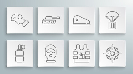 Set line Hand grenade, Military tank, Balaclava, Bulletproof vest, Target sport, beret, Airdrop box and Gas mask icon. Vector