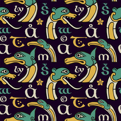 Medieval seamless pattern of Lindisfarne calligraphy and beasts. Dim colored medieval Majuscule Celtic, Anglo-Saxon, Irish style.